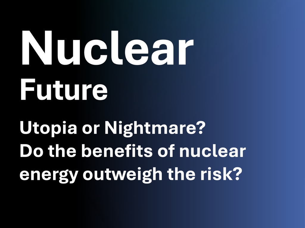 Text auf dunkelblauem Hintergrund: "Nuclear Future – Chancen und Risiken der Kernenergie"